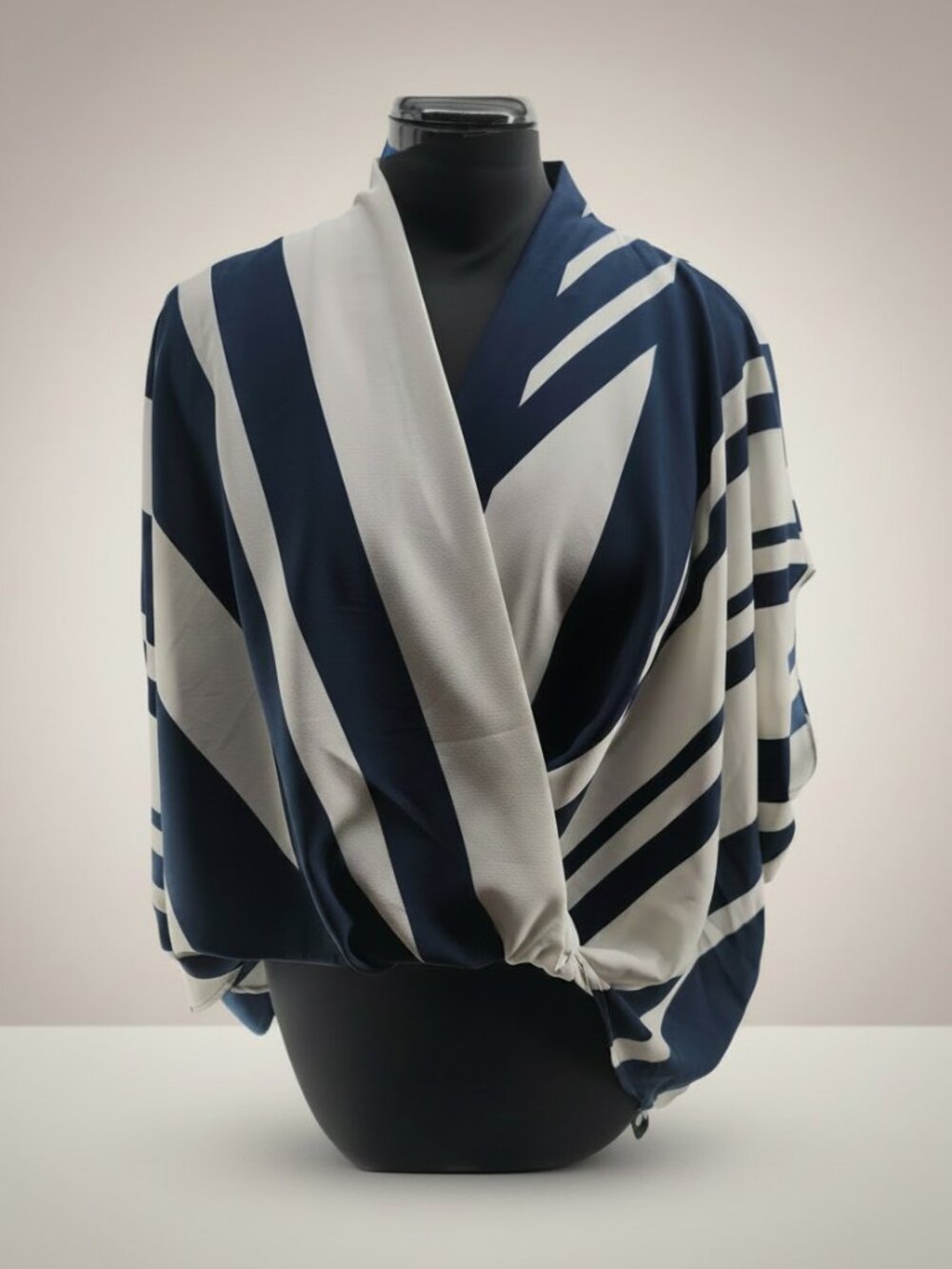 Tyche Navy Ivory Striped Wrap Front Blouse Large Dolman Sleeve Made USA - Picture 2 of 10